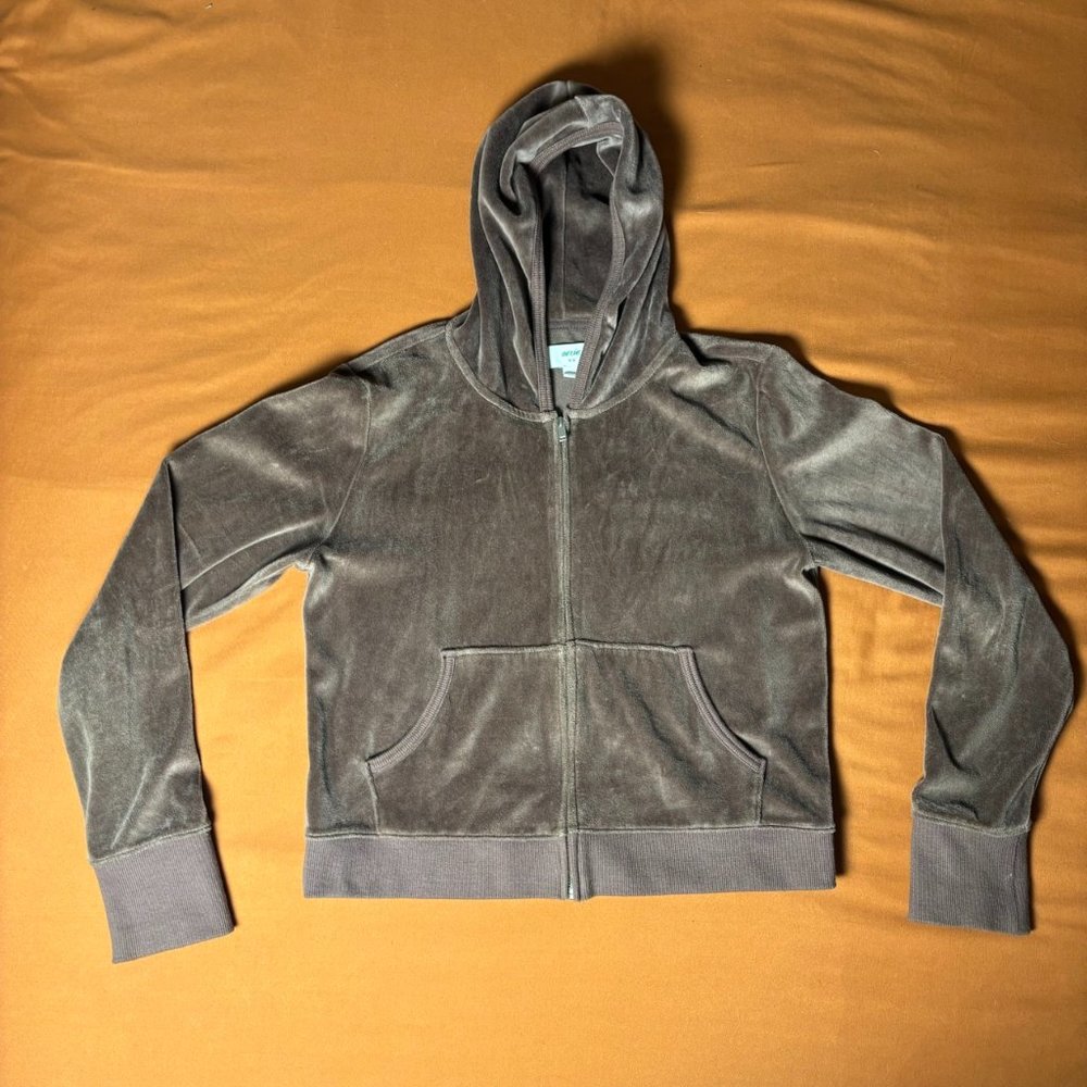 Aerie Brown Soft Velour Cropped Full Zip Up Hoodie with Pockets Medium